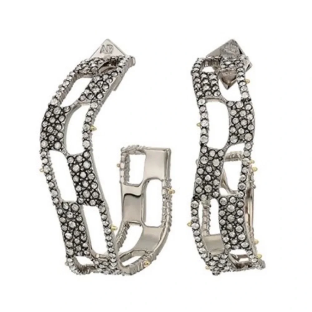 ALEXIS BITTAR • Silver Crystal Georgian Checkerboard Wavy Hoop Earrings